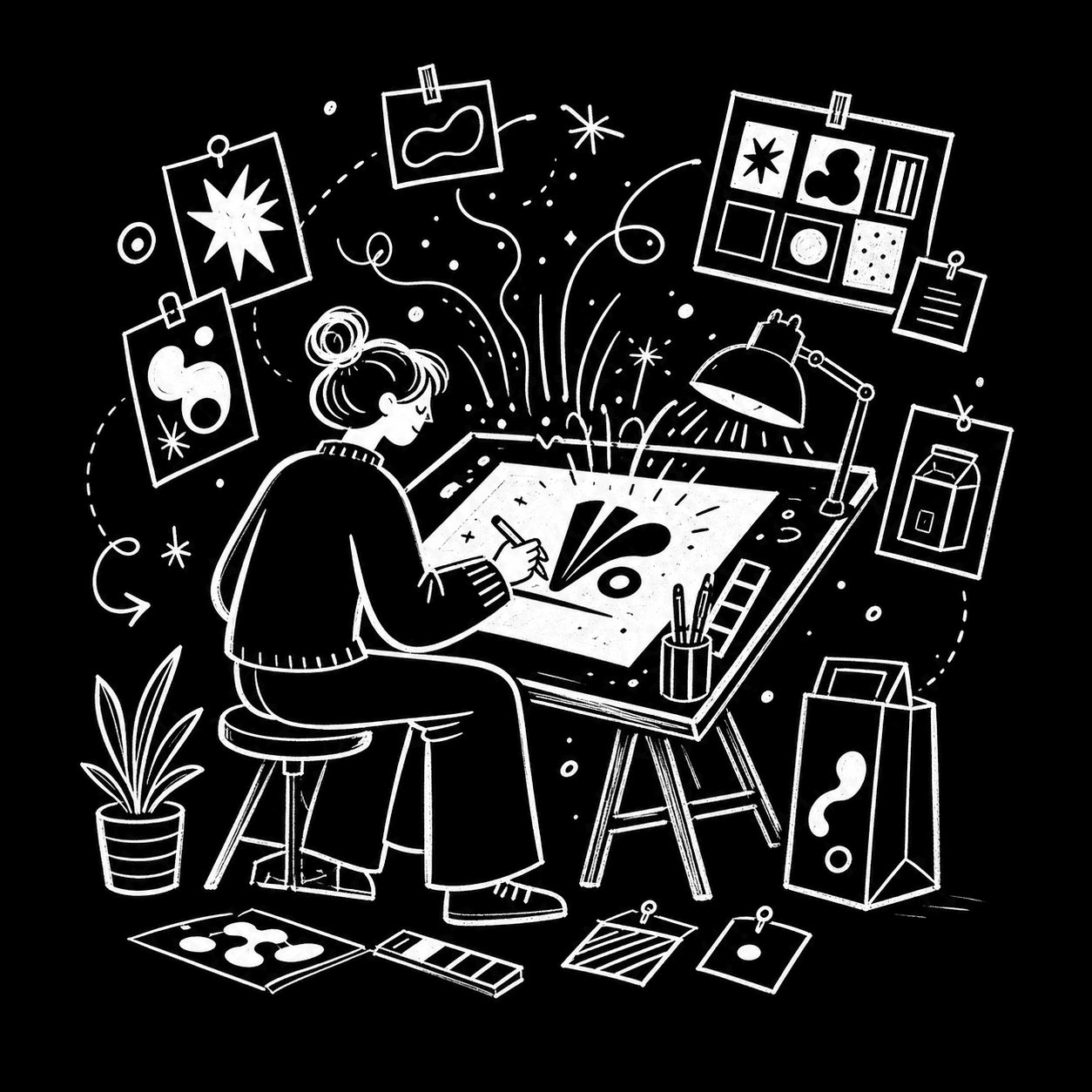 Ilustración dibujada a mano de una persona creando un sistema de marca.