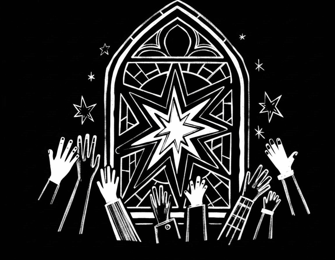 Hand-drawn shrine illustration.