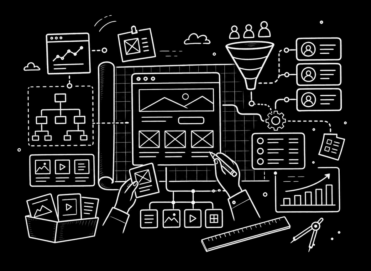 Ilustración dibujada a mano de una arquitectura digital con sitio, funnel, CRM y sistema de contenido.