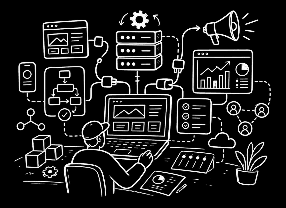 Ilustración dibujada a mano de una implementación con lanzamiento, automatización, integraciones y métricas.