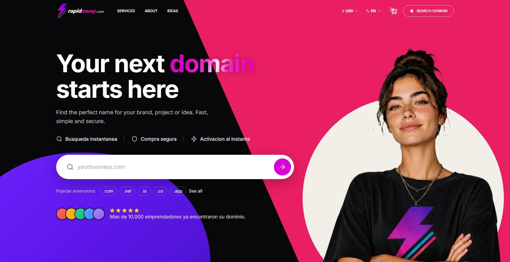 Rapideway homepage with a domain search and a black, pink, and violet composition.