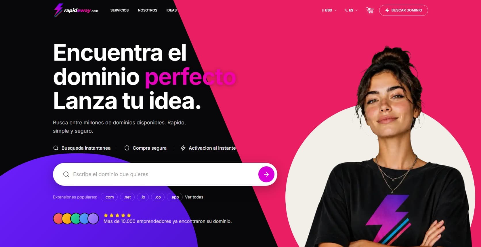 Página de inicio de Rapideway con buscador de dominios y una composición en negro, rosa y violeta.