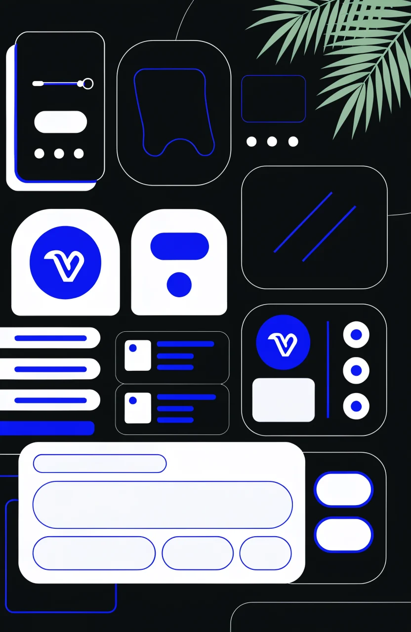 Ilustración editorial de Verybrands sobre answer engine optimization, con tarjetas de estrategia, señales digitales y trazos azules de marca.