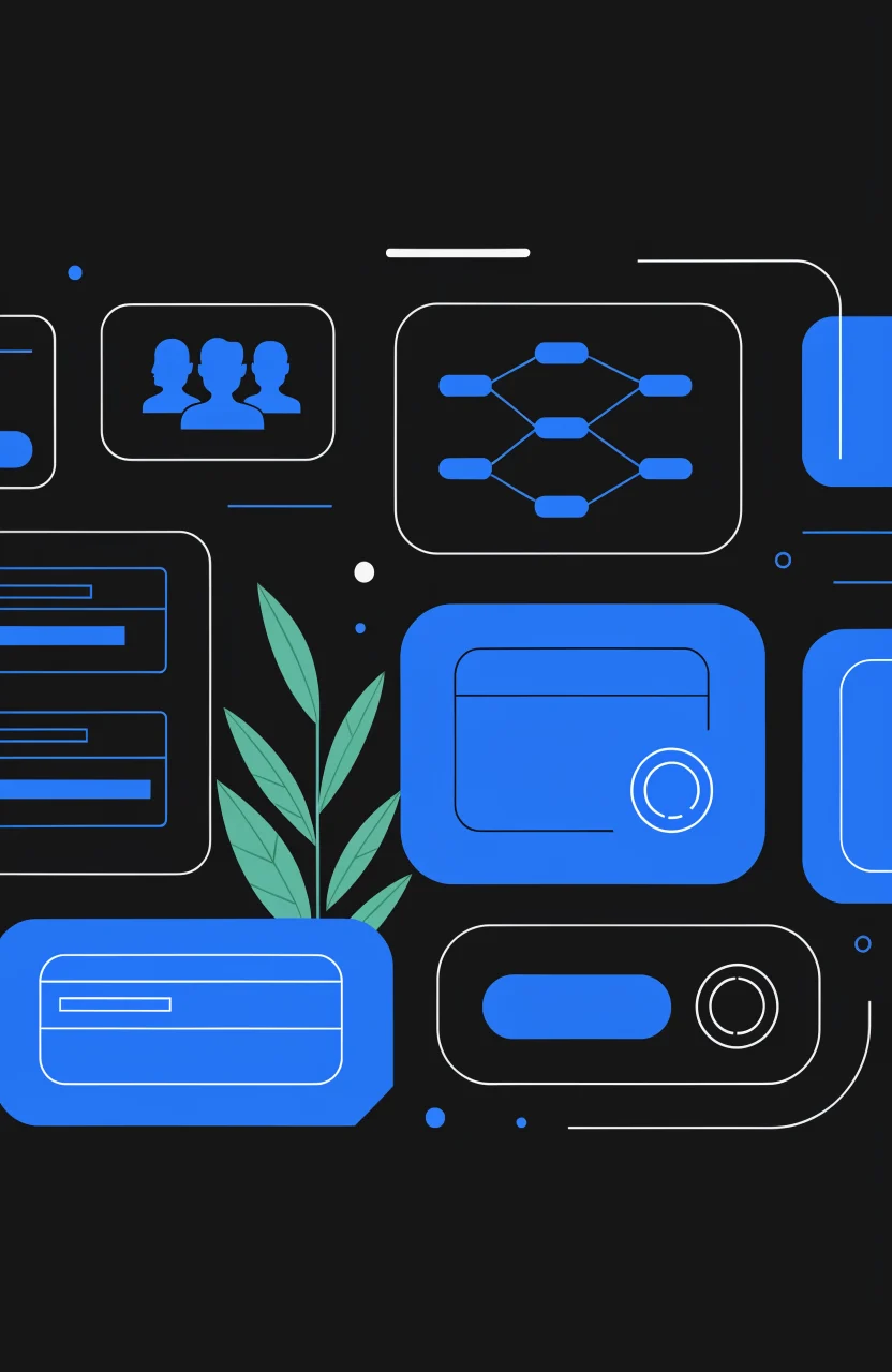 Ilustración editorial de Verybrands sobre brief para artículos de blog, con tarjetas de estrategia, señales digitales y trazos azules de marca.