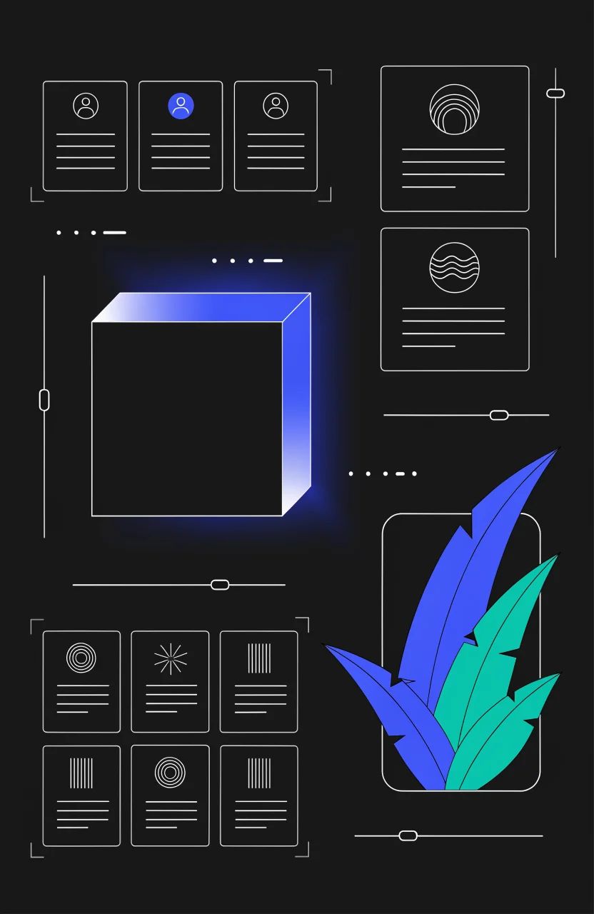 Ilustración editorial de Verybrands sobre declaración de posicionamiento de marca, con tarjetas de estrategia, señales digitales y trazos azules de marca.