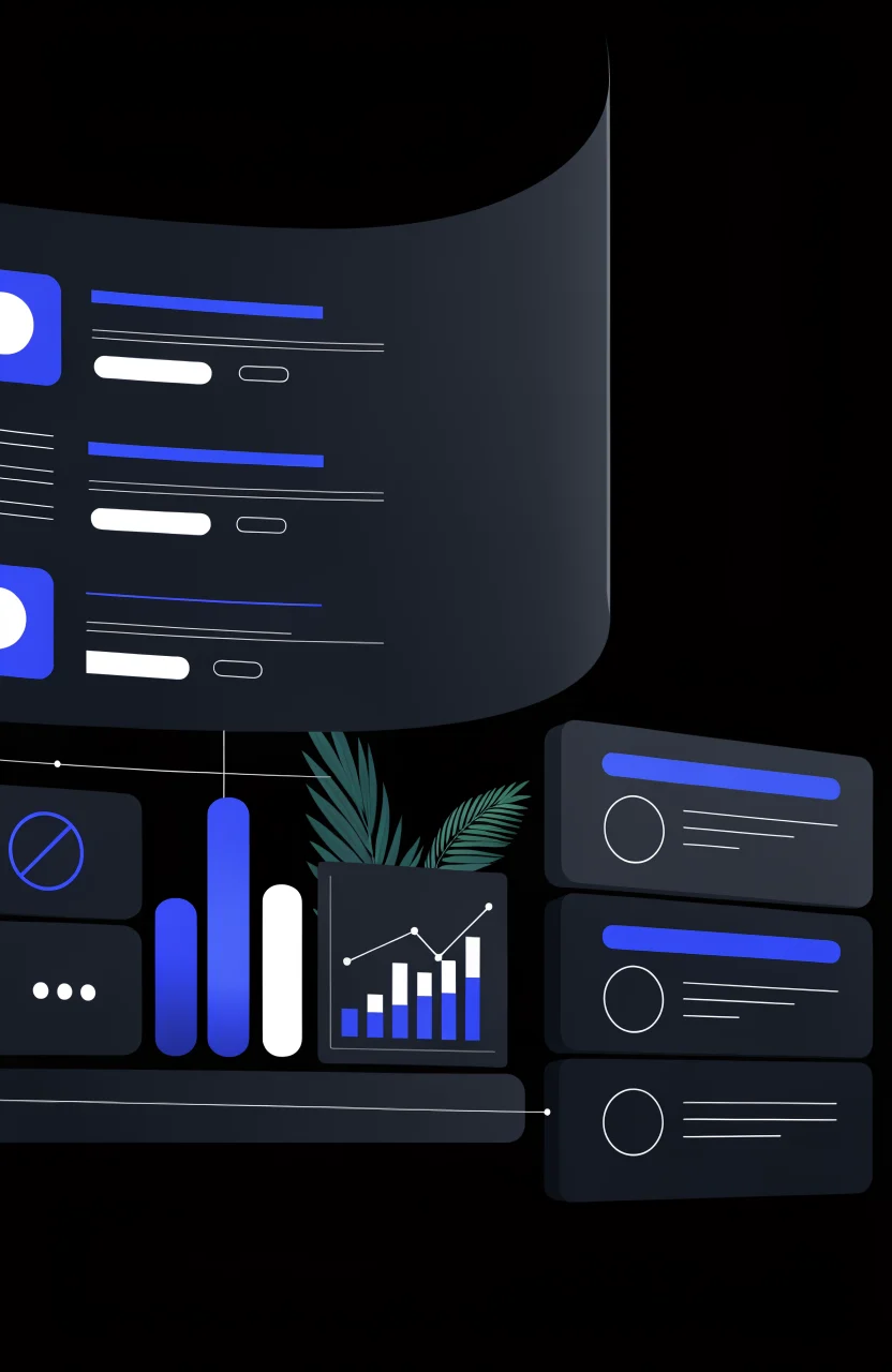 Ilustración editorial de Verybrands sobre actualizar contenido SEO, con tarjetas de estrategia, señales digitales y trazos azules de marca.