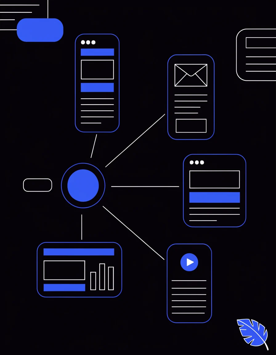 Ilustración editorial de Verybrands sobre reutilizar contenido, con tarjetas de estrategia, señales digitales y trazos azules de marca.