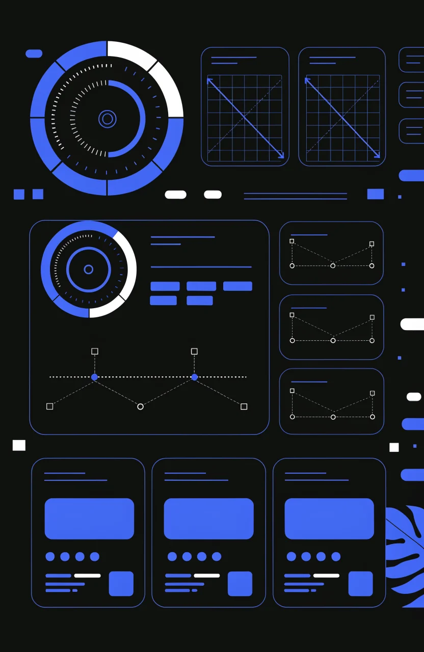 Ilustración editorial de Verybrands sobre Core Web Vitals, con tarjetas de estrategia, señales digitales y trazos azules de marca.