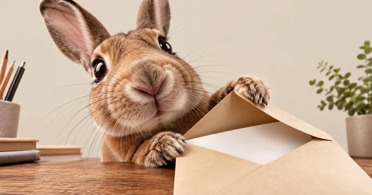Um coelho observa de perto um envelope aberto sobre uma mesa.