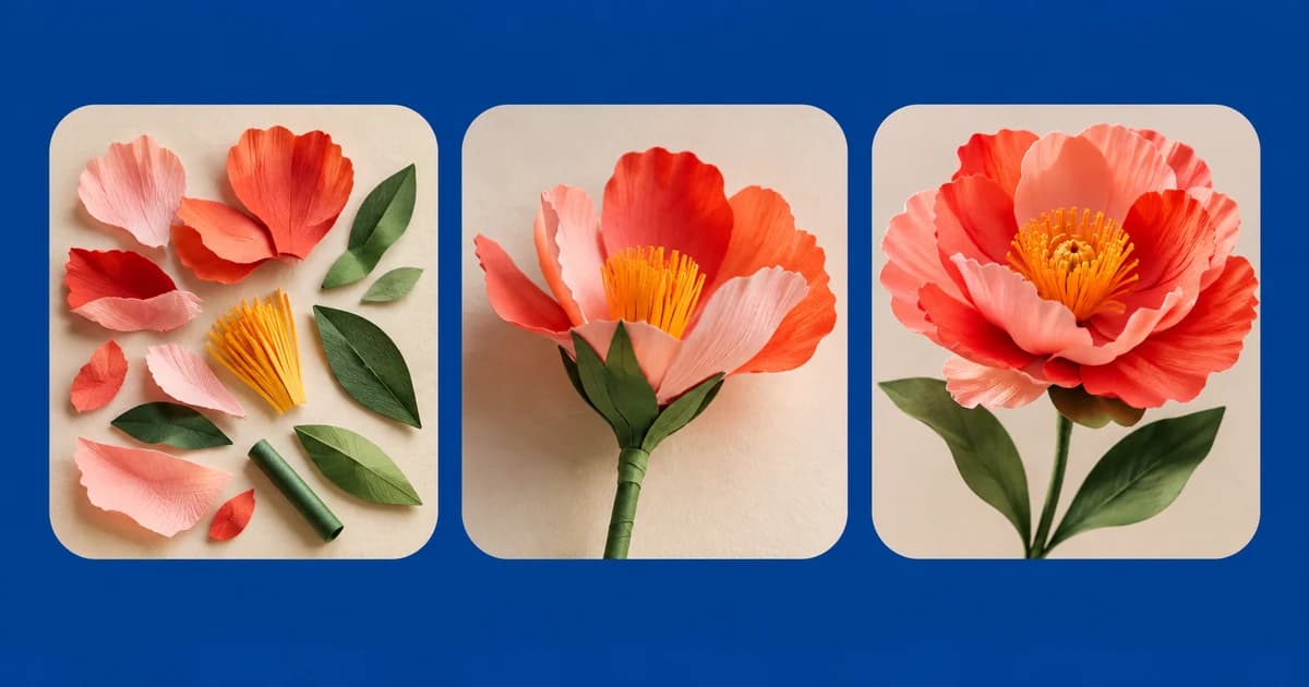 Três painéis mostram as etapas de montagem de uma flor de papel.