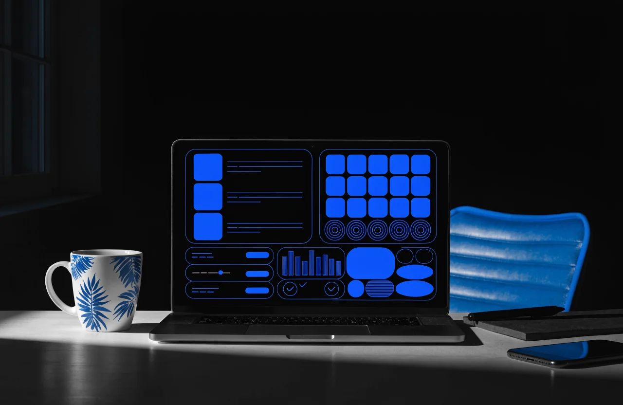 Mesa editorial oscura con laptop, funnel, tarjetas de conversión y un trazo azul Verybrands para representar un sistema de branding digital.