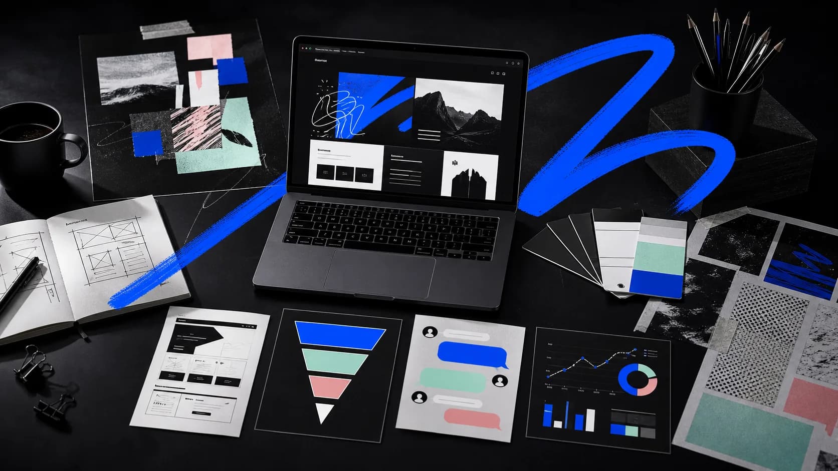 Mesa editorial oscura con laptop, funnel, tarjetas de conversión y un trazo azul Verybrands para representar un sistema de branding digital.