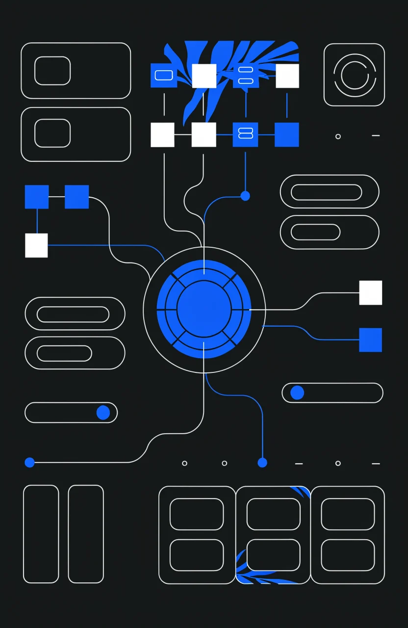 Ilustración editorial de Verybrands sobre enlaces internos, con tarjetas de estrategia, señales digitales y trazos azules de marca.