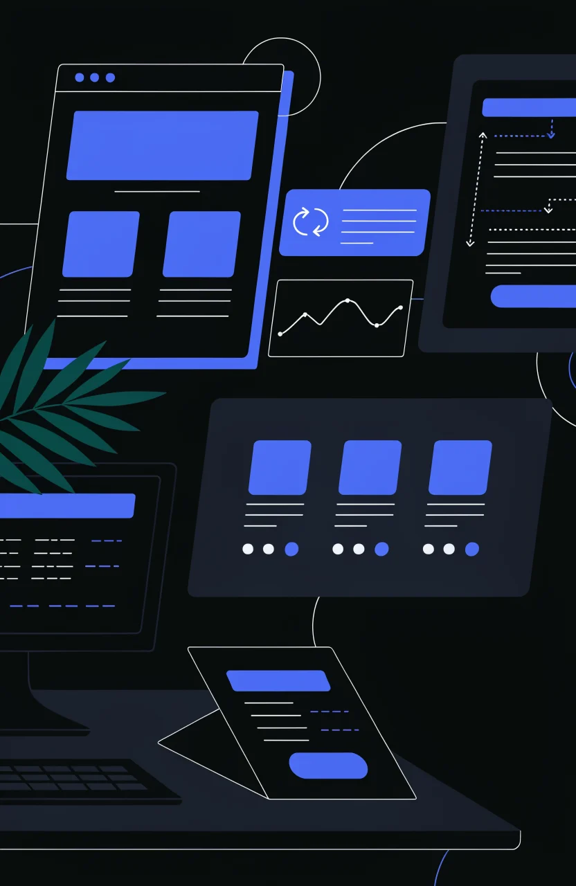 Ilustración editorial de Verybrands sobre copywriting para landing pages, con tarjetas de estrategia, señales digitales y trazos azules de marca.