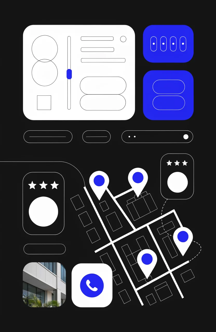 Ilustración editorial de Verybrands sobre SEO local para servicios, con tarjetas de estrategia, señales digitales y trazos azules de marca.