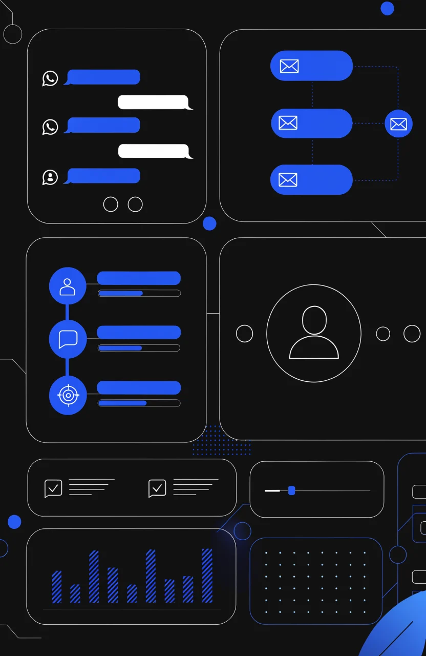 Sistema editorial oscuro con dashboard, mensajes, flujo de automatización y trazo azul Verybrands para CRM, WhatsApp e IA.