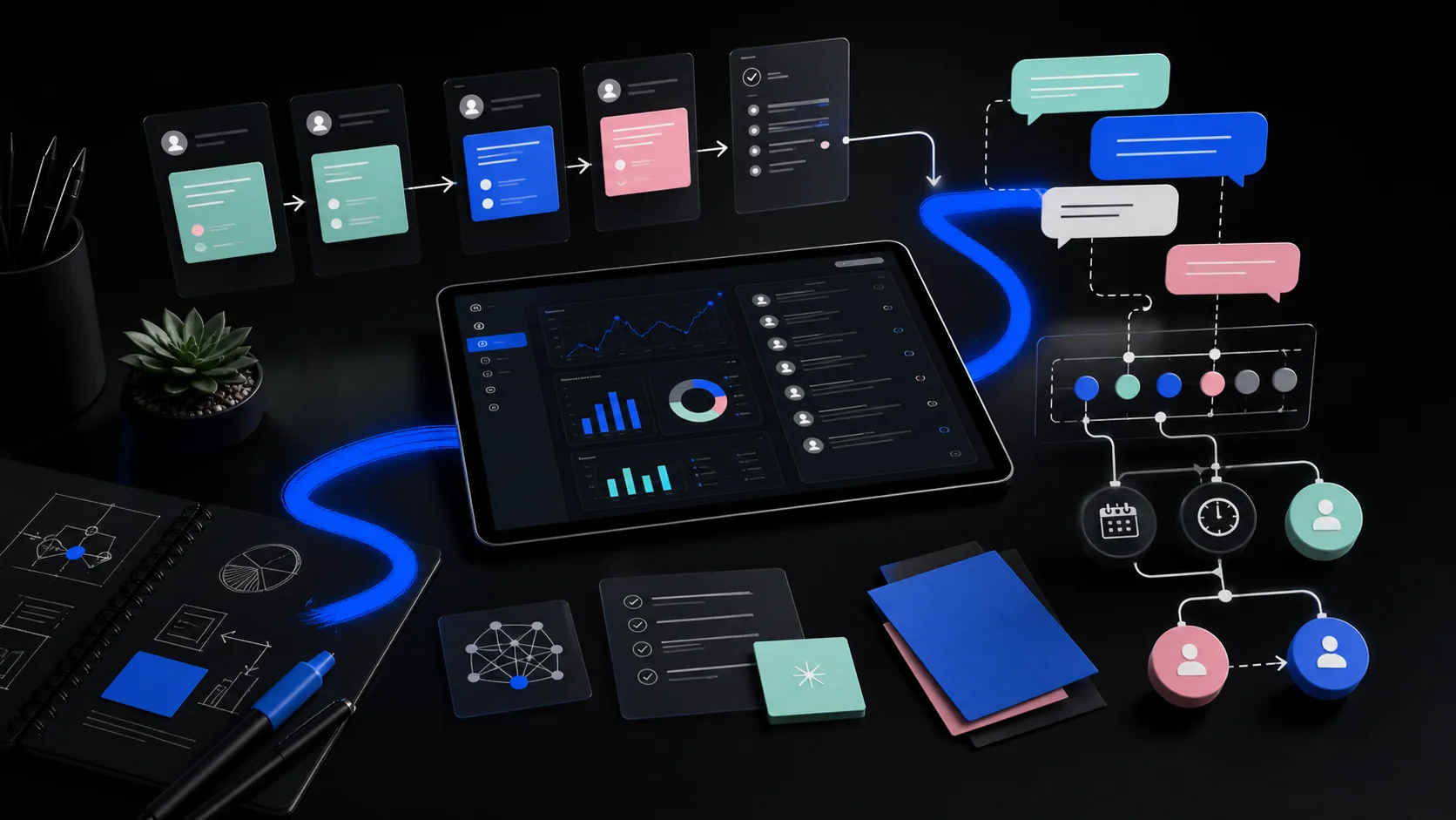 Sistema editorial oscuro con dashboard, mensajes, flujo de automatización y trazo azul Verybrands para CRM, WhatsApp e IA.