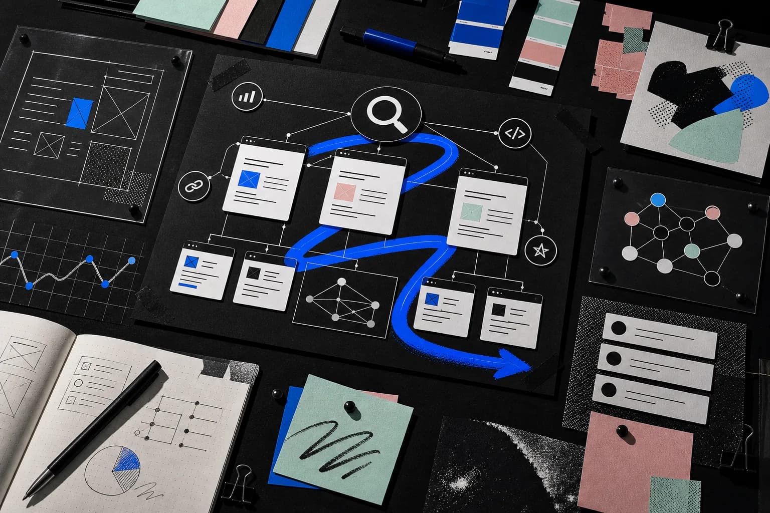 Mapa editorial oscuro de SEO y marca con artículos, enlaces internos, datos estructurados y trazo azul Verybrands.