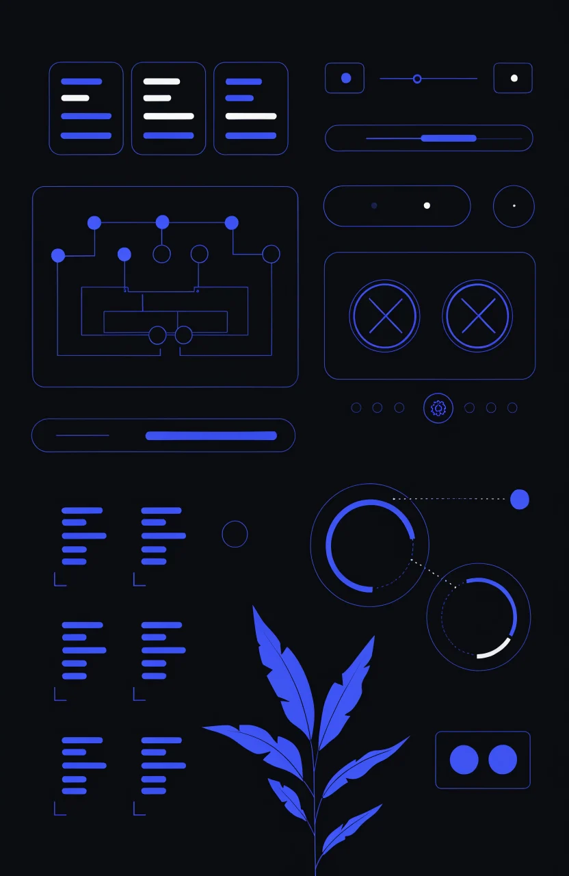 Verybrands editorial illustration about technical SEO in Next.js, with strategy cards, digital signals, and blue brand linework.