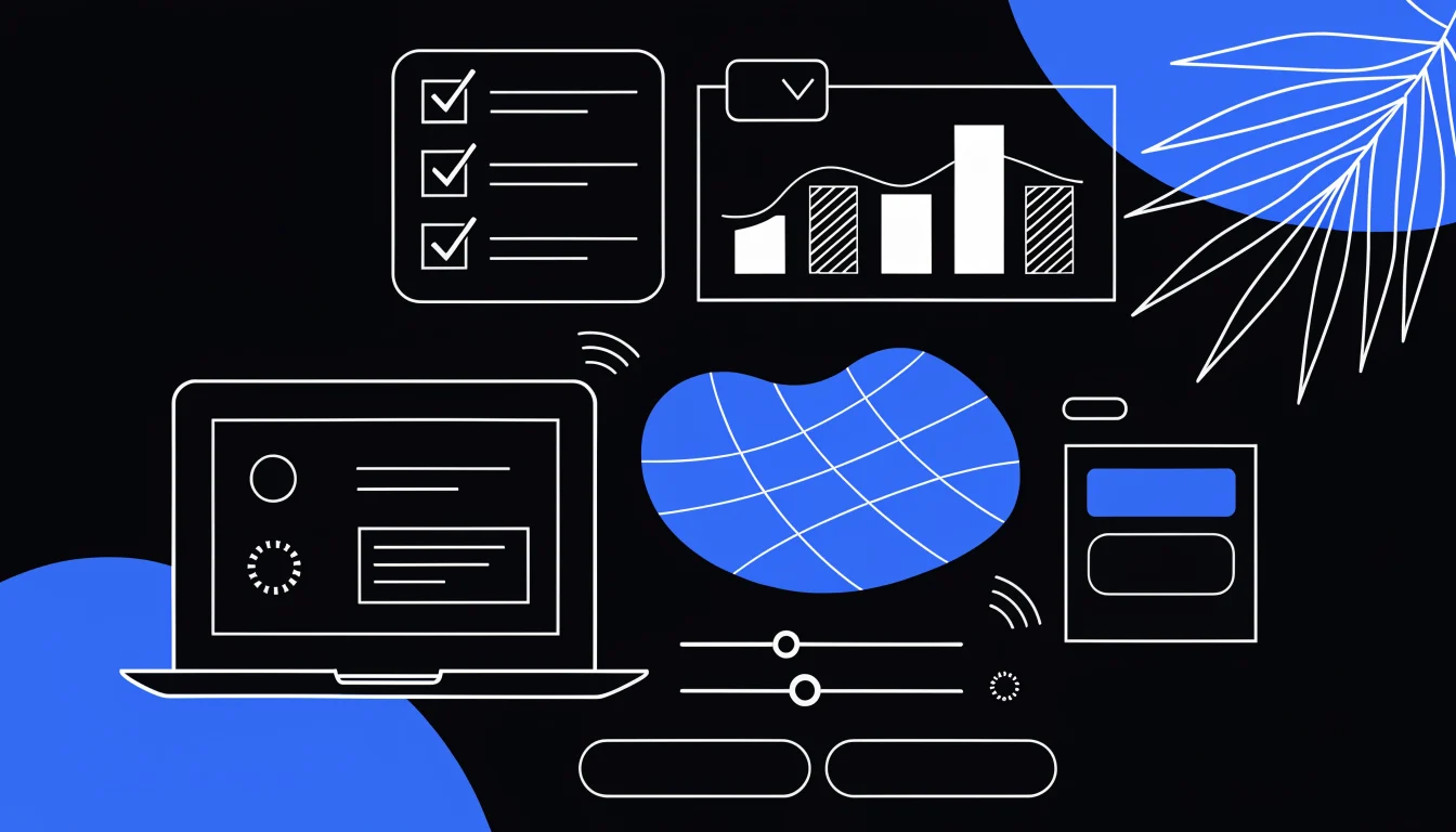 Ilustración editorial de Verybrands sobre checklist de conversión web, con tarjetas de estrategia, señales digitales y trazos azules de marca.