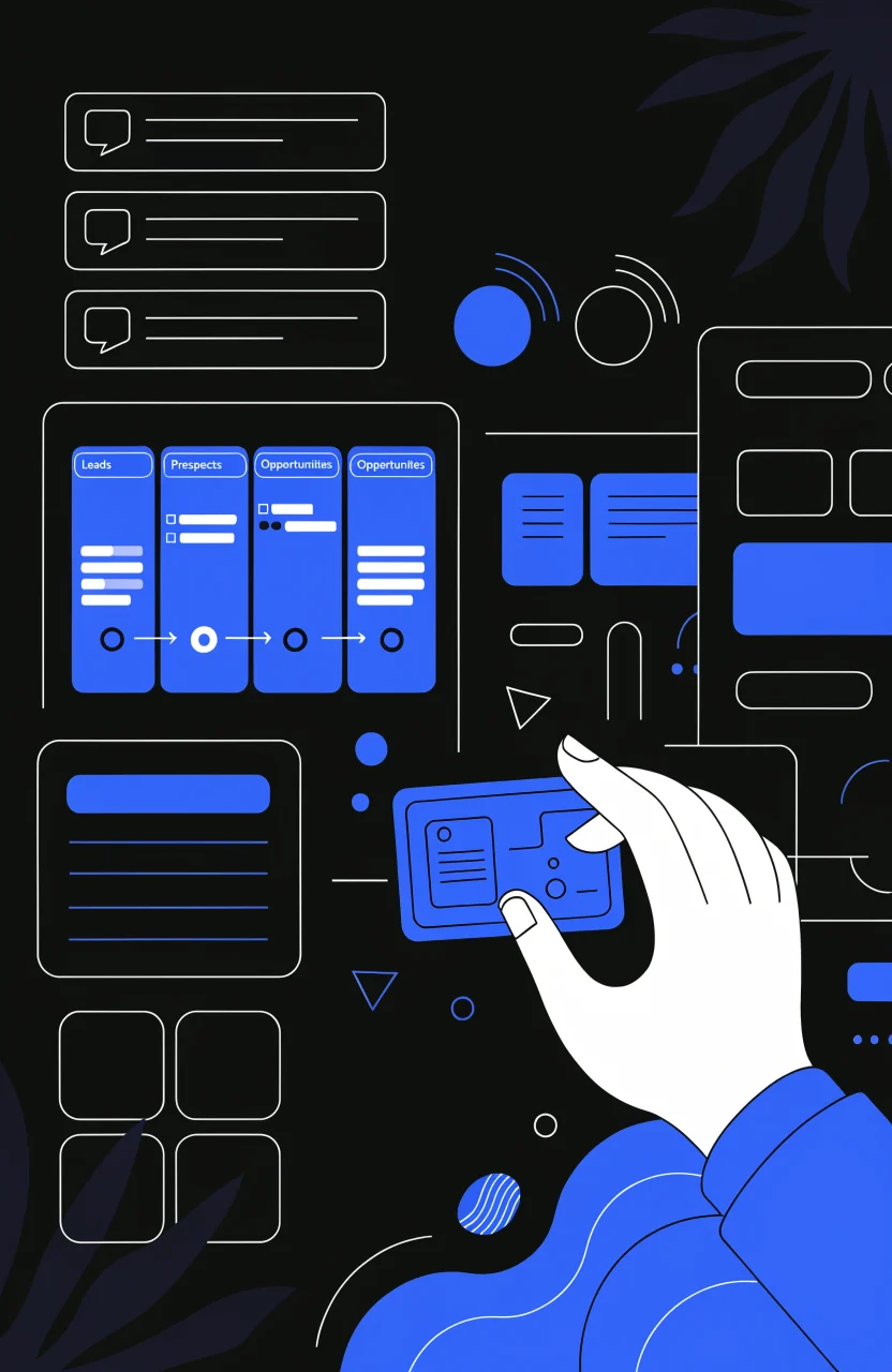 Ilustración editorial de Verybrands sobre WhatsApp y CRM, con tarjetas de estrategia, señales digitales y trazos azules de marca.