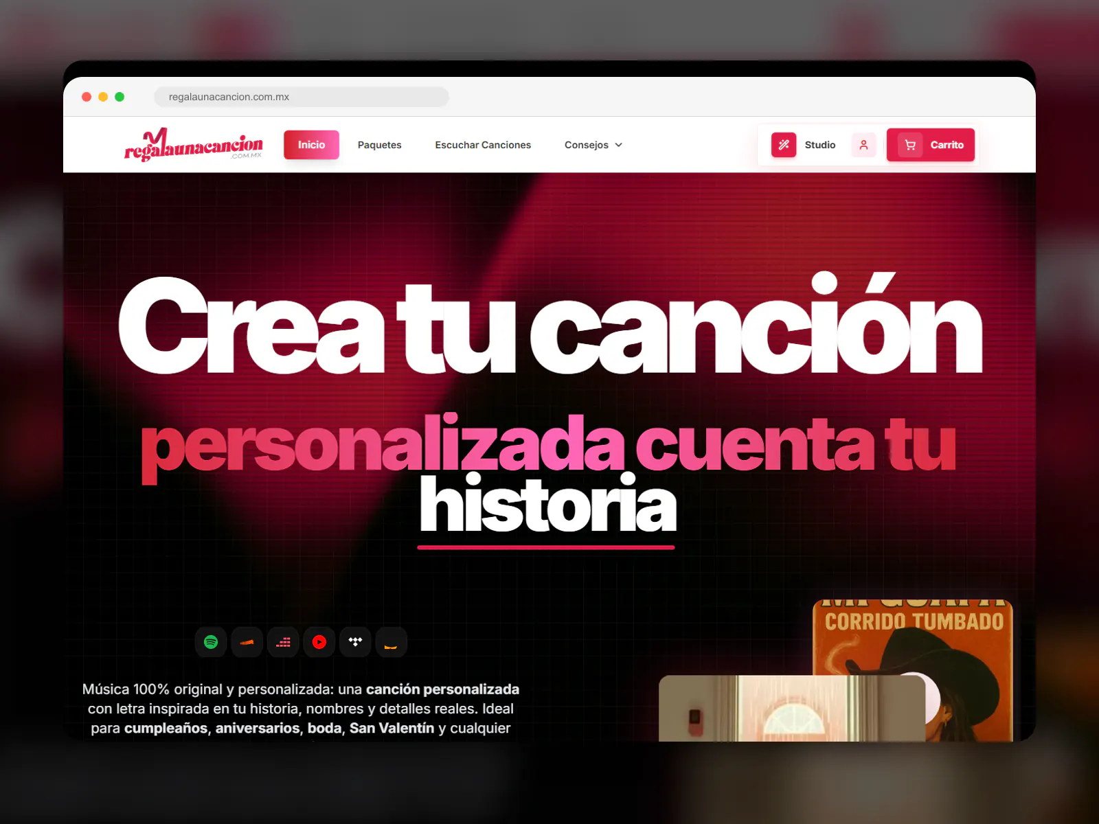 Captura enmarcada del sitio web de Regala Una Canción para canciones personalizadas.