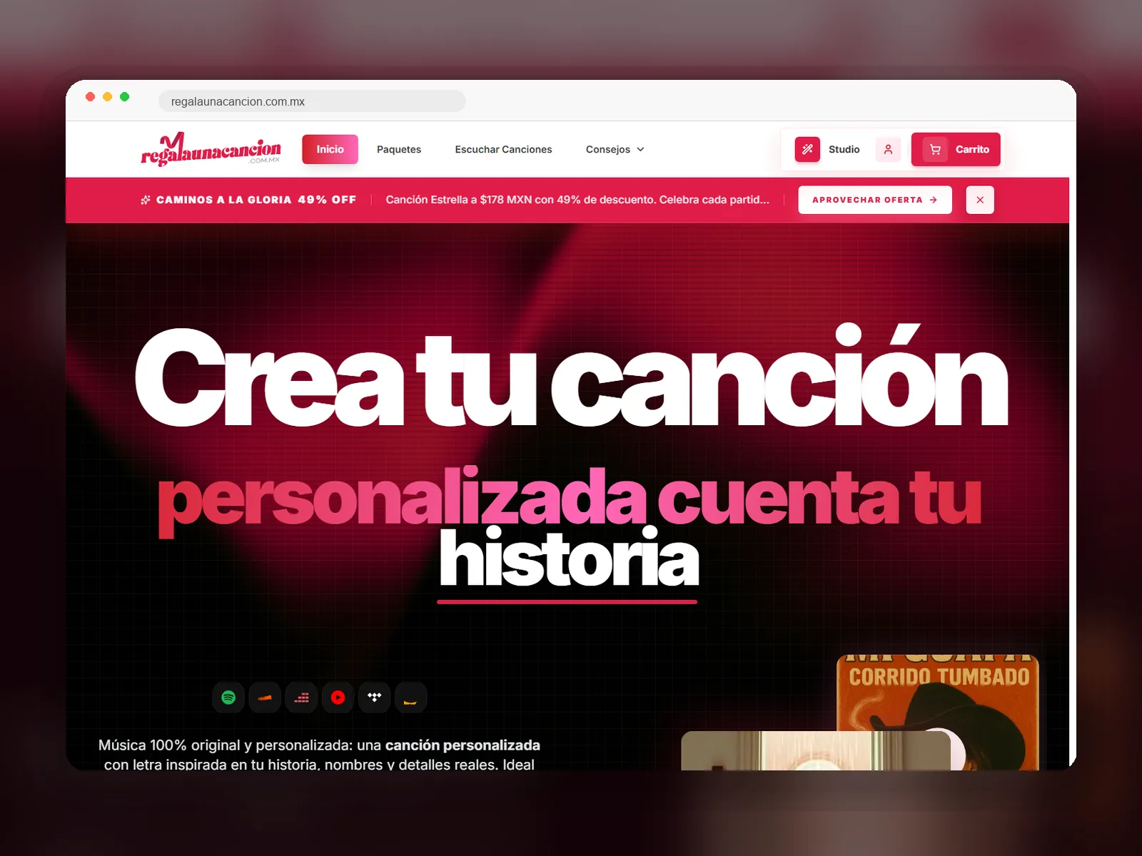 Captura enmarcada del sitio web de Regala Una Canción para canciones personalizadas.