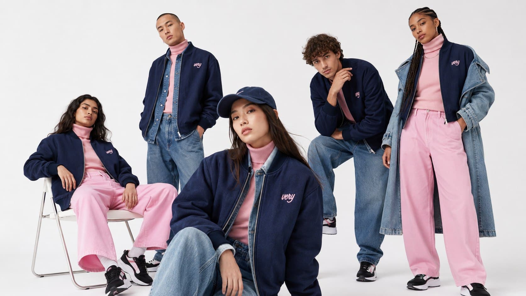 Group of five models wearing Very navy, denim, and pink campaign looks.