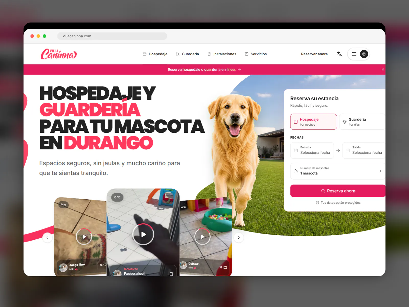 Captura enmarcada del sitio web de Villa Caninna para hospedaje y guardería canina.