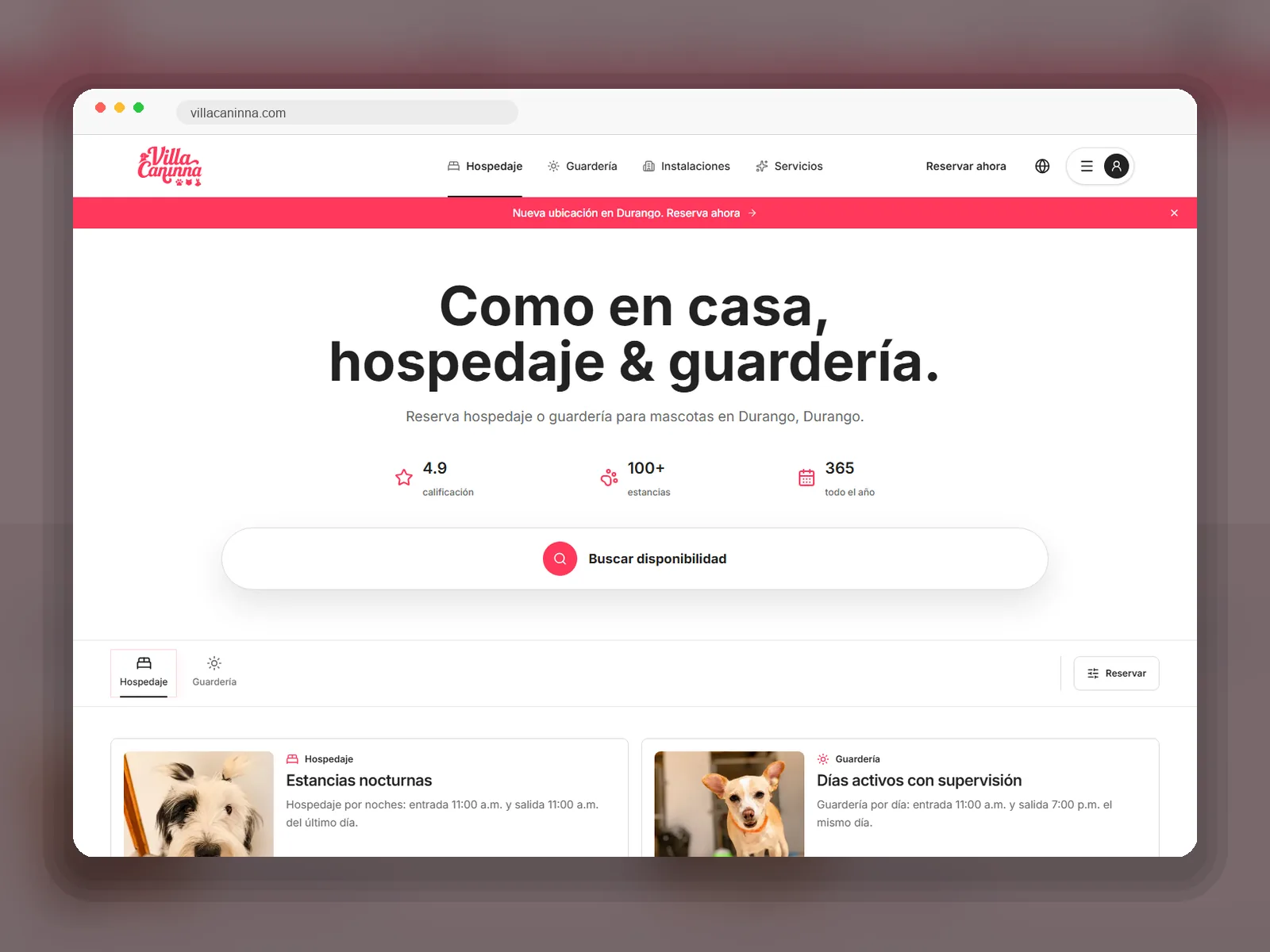 Captura enmarcada del sitio web de Villa Caninna para hospedaje y guardería canina.